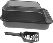 POPETPOP Cat Litter Tray with Scoop Semi Enclosed High Sided Design for Easy Cleaning Durable Thickened Material for Home and Pet Stores Dark Grey Cat Litter Box