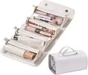 [Generic] Roll Up Travel Toiletry Bag,Waterproof Makeup Bag,Leather Cosmetic Bag Multi Compartment Hanging Women Wash Bag Cosmetics Makeup Bag Organizer,4 Detachable Clear Compartment Folding Toiletry Bag,