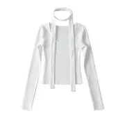 Set: Long-Sleeve Scoop Neck Plain Top + Thin Scarf White - M