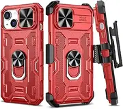 VEGO Armor Case for iPhone 15 Case with Belt Clip Holster, Slide Camera Cover & Magnetic 360°Rotatable Ring Kickstand Military Grade Heavy Duty Protection Rugged Case for iPhone 15 5G 6.1 Inch - Red