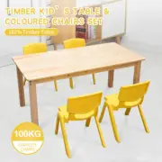 120x60cm Wooden Pinewood Timber Kids Study Table & 4 Yellow Plastic Chairs Set