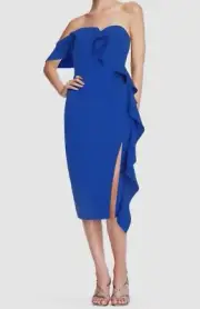 $195 Aidan Mattox Women's Blue Ruffled One-Shoulder Midi Dress Size 8