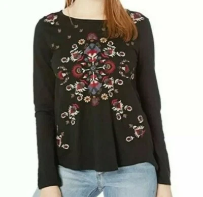 LUCKY BRAND Women's Top S Long Sleeve Black knit Cotton Embroidered Sheer Back