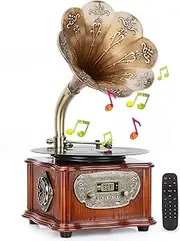 Vintage Phonograph Record Player - Retro Turntable with Bluetooth, Built-in Speaker, Copper Horn, 3.5mm AUX-in, USB, FM Radio | Home Audio Record Players for LP & Nostalgic Music Experience