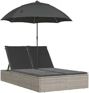 Sun Lounger, Sun Lounge Camping Chair Outdoor Chaise Lounge Double with Cushions&Parasol Light Grey Poly Rattan