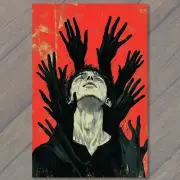 POSTCARD Red Panic Black Silhouette Arms Eruption Fear Chaos Surrealism