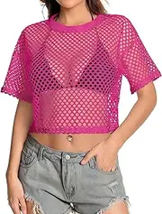 [CHICGAL] Women's Mesh Top Fishnet T-Shirt Sheer Loose Short Sleeve See Through Crop Tops