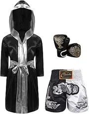 [FEESHOW] Kids Boys Boxing Costume Boxer Cloak Hooded with Muay Thai Shorts Boxing Gloves Set Fight Kickboxing Clothing Sportwear