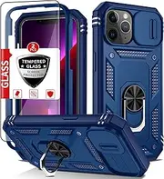 IYTRRYH Compatible with iPhone 13 Pro Max Case with 2 Screen Protectors,Built-in Kickstand Ring,with Camera Cover Dustproof Shockproof Military Grade Drop Heavy Duty Protection Phone Bumper,Green Blue