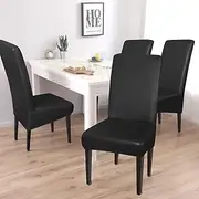 4 Pieces PU Leather Waterproof Dining Chair Seat Cover with High Back Chair Slipcover, Stretch Removable Chair Protectors Cover Seat Cushion Cover for Banquet, Hotel, Kitchen, Restaurant Black