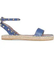 Valentino Rockstud T 20 Blue Leather Stud Ankle Strap Espadrille Flat Sandal 41