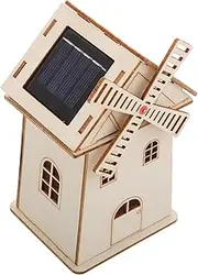 Gatuida Solar Powered Wooden Windmill House Model DIY Craft Kit for Unfinished Windmill Prop for Creative Expression and Science Learning Solar Assembly