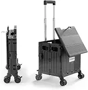 Viviendo Foldable Shopping Trolley, 65L Collapsible Utility Cart with 360˚ Wheels, Portable Crate Handcart with Sliding Cover & Telescopic Handle, Capacity 70KG, for Camping Shopping Carrying, Black