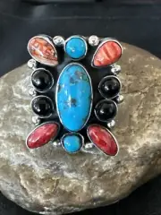 Cluster Blue Turquoise Spiny Oyster Onyx Sterling Silver Ring Size 10 18559