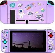 ECHZOVE Switch Purple Case, Switch Soft TPU Case, Astronaut Switch Case with Cat Paw Thumb Grips and Tempered Glass Screen Protector