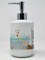 NEW White Bull Terrier in Bathtub Ceramic Soap Dispenser Hand Soap Dispenser