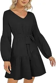 [ROYLAMP] Women's Tunic Dresses Long Sleeve V Neck Plaid Tie Waist Ruffle Swing Shift Casual Mini Dress with Pocket