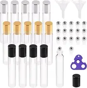 Swpeet 15Pcs 10ml Clear Essential Oil Roller Balls Glass Bottles with 17 Stainless Steel Roller Balls, 15 Color Lids, 1 Opener, 2 Funnel, Refillable Perfume Bottles with Roller Protection, In Total 50