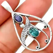 Neon Blue Apatite Rough & Blue Sapphire Quartz 925 Silver Pendant Jewelry P-1376