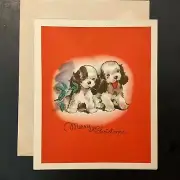 Vtg Christmas Card Artistic Merry Christmas Two Adorable Spaniel Puppies Flower