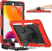Timecity Case for iPad 9th/ 8th/ 7th Generation 10.2 inch (Case for iPad 9/8/ 7 Gen): with Strong Protection, Screen Protector, Hand/Shoulder Strap, Rotating Stand, Pencil Holder - Red
