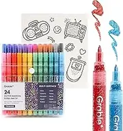 Grabie 24 Colors Glitter Markers Pen, Glitter Metallic Shimmer Marker Extra-Fine Tip Glitter Acrylic Paint Markers, Quick-Drying Water-based Ink Glitter Pens for Adults, DIY Crafts Making