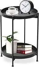 Round Side Table 2-Tier Black Sofa Table Small Tray Metal End Table Foldable Accent Coffee Table for Small Spaces Bedroom Patio Coffee Round Table Bedside End Table with Detachable Tray Top