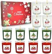 Set of 12 Christmas Themed Scented Votive Candles in Glass, Small Red Apple&Cinnamon, Green Cedar and White Vanilla&Cake Candles with Snowman, Santa Claus and Pine for Holiday Home Decor, ‎2"W x 2.4"H