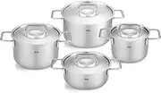 [Fissler] Pure Collection 4-Piece Stainless Steel Saucepan Set with Metal Lids (3 Saucepans and 1 Stewing Pot) - Induction, Large