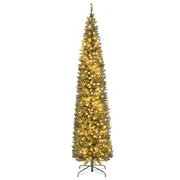 Costway 240CM Pre-Lit Artificial Christmas Tree Slim Pencil Xmas Tree W/ 591 Branch Tips & 300 Warm White LED Lights Muiticolor