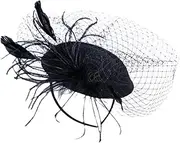 [AIMALL] Vintage Feather Fascinator Hat for Women with Veil, Elegant Headpiece for Horse Racing, Weddings, and Stage Performances, Small Top Hat Hair Accessories