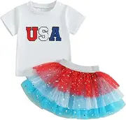 [Karuedoo] Kids Toddler Baby Girl 4th of July Outfit Letter Embroidery T-Shirt and Tutu Skirt Set 2Pcs Independence Day Clothes, White, 1-2 Years
