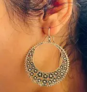 925 Solid Silver Flower Design Hoop Earring Antique Vintage Dangle Earring