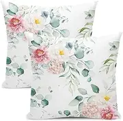 AEIOAE Spring Sage Green Leaves Pillow Covers 18x18 Inch Set of 2, Watercolor Pink Red Eucalyptus Floral Throw Pillows Case, Flower Print Decorative Cushion Covers Outdoor Leaf Decor for Home Sofa Bed