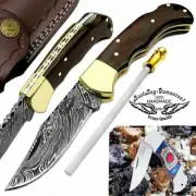 Folding Pocket Knife 6.5" w/ Back Lock Rose Wood Damascus Steel