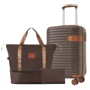 3pcs Luggage Set Hardside 20" Double Spinner Suitcase Travel Toiletry Bag Brown