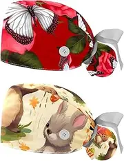 [YTYVAGT] 2-Pc,Nurse Scrub Caps,Scrub Hats with Buttons and Cotton Sweatband,Butterfly Rose Floral