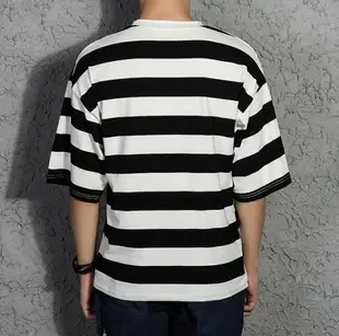 FINDSENSE MD 韓國 潮 男 休閒簡約 寬鬆 寬條紋 五分袖 學生短T 短袖T恤