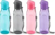 Bulk Water Bottles Set of 4 – 10oz Multicolor Water Bottles for Kids and Adults – Leak Proof Water Bottles with Carry Strap – Square Reusable Water Bottles for Juice, Drinks – BPA-Free Dishwasher-Safe