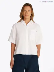 Tommy Hilfiger White Linen Short Sleeve 100% Linen Shirt (F55252) | $254