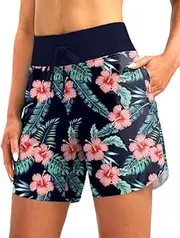[G Gradual] Women's 7" Quick Dry High Waisted Swim Board Shorts with Zipper Pockets UPF 50+ Beach Shorts for Women with Liner