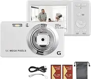 2.7-Inch Tft Portable Digital Camera 56Mp 4K Ultra Hd 20X Auto Focus Self-Timer Face Detection Anti-Shaking with 2Pcs Batteries Hand Strap Great for Teens White