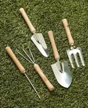 Set of 5 Garden Utility Tools - Trowel, Narrow Trowel, Fork, Cultivator, Weeder