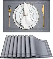 Excovip Placemats Set of 8,Heat-Resistant Stain Resistant Non-Slip Place mats for Dining Table, Washable Durable PVC Table Mats Woven Vinyl Placemats (Gray, 8pcs)