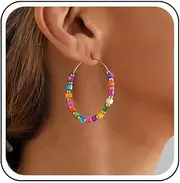 [Inateannal] Boho Circle Hoop Earrings with Beads Colourful Beads Hoop Earrings Large Hollow Circle Earrings Rocailles Hoop Earrings Round Statement Earrings with Geometric Pattern, Zinc, No Gemstone