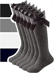 [ZRWASKA] 3 Pairs Knee High School Socks Girls - Cotton Socks Back to School Socks with Fluffy Ribbons Bow Party Wear Stocking Comfort Fit Long Kids School Sock Uniform Girls Bow Knee High Sox (PACK 3)
