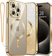 for iPhone 13 Pro Case Clear Magnetic Glitter Phone Cases [Compatible with MagSafe] Protector Slim Sparkle Luxury Plating Shockproof Protective Cover Women (Gold, iPhone 13 Pro)