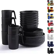 Berglander Black Plastic Dinnerware Sets 24pcs Service for 6, Reusable Plates and Bowls Sets, Dish Set Include Dinner Plates, Dessert Plate, Cereal Bowls, Cups for Home, Garden, Picnic, Camping