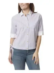 Anne Klein Women's Elbow Sleeve Collared Button Up Top Purple Size Large