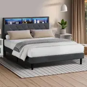 Double Size Bed Frame with LED Display Shelf Storage Tufted Headboard Double Bed